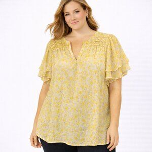 Skies Are Blue Yellow Eyelash Fabric Sz M Blouse Cap Sleeve Casual Work